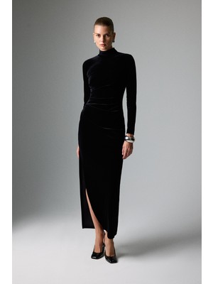 ROMAN Yarım Balıkçı Yaka Drape ve Yırtmaç Detaylı Midi Boy Elbise Siyah K2611301_001