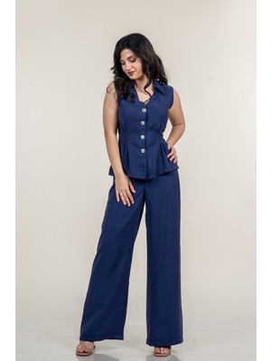 MissVina Arkadan Kemerli Yelek ve Beli Arkadan Lastikli Önden Fermuarlı Bol Paça Modal Pantolon 1290
