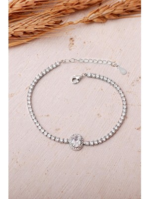 Sümer Telkari Oval Taşlı Su Yolu Rodyumlu 925 Ayar Gümüş Bileklik 4907