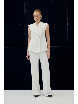 Sateen Anna Çizgili Pantolon - Ekru