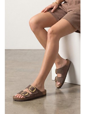 Marjin Kadın Hakiki Deri Günlük Terlik Çift Bantlı Terlik Eva Taban Poli Kahve Süet