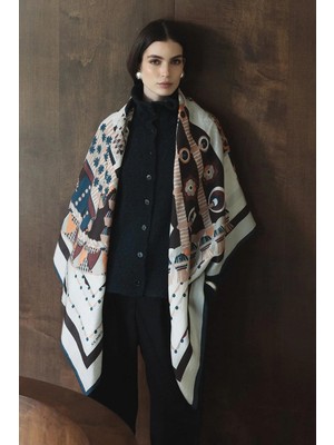 Jolamier Petrol Mosaic Yün Ipek Omuz Şalı