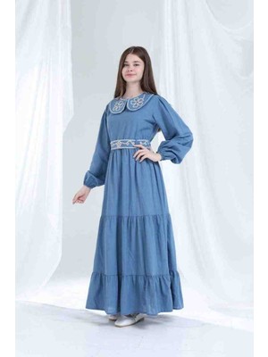 Bebe Yaka Nakışlı Kız Çocuk Elbisesi