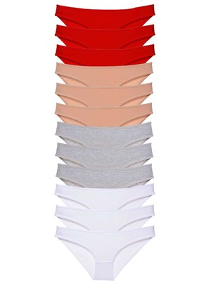 12 Adet Süper Eko Set Likralı Kadın Slip Külot Kırmızı Ten Gri Beyaz Nemere
