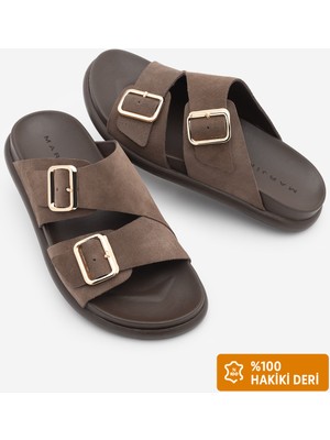 Marjin Kadın Hakiki Deri Çift Bantlı Altın Tokalı Günlük Terlik Dorsin Kahve Süet