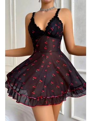 Homay 2’li Kiraz Desenli Dantel Detaylı Transparan Likralı Gecelik ve Slip Takımı