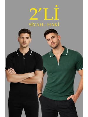 Luz&Pos Erkek 2’li Paket Dokuma Triko  Fermuarlı Yakalı Fitilli Kısa Kollu Regular Fit Tişört - Haki & Siyah