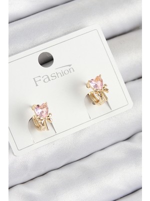 Luz&Pos Pirinç Zirkon Taşlı Fiyonklu Kalp Model Gold Renk Çocuk Küpe