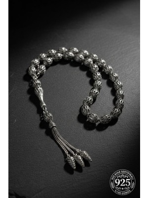 Erdobia 925 Ayar Oval Kesim 3 Kamçılı Havuç Püskül Orta Boy Kafes Işlemeli Otantik Gümüş Tesbih