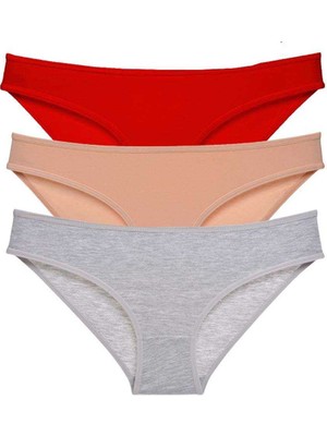 3 Adet Eko Set Likralı Kadın Slip Külot Kırmızı Ten Gri Nemere