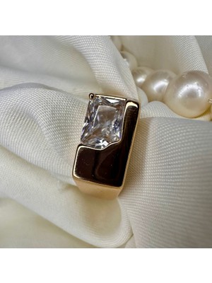 Altın Renk Kare Kesim Büyük Taşlı Modern Yüzük