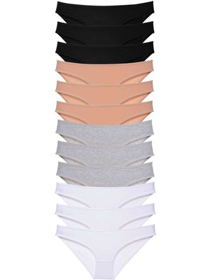 12 Adet Süper Eko Set Likralı Kadın Slip Külot Siyah Ten Gri Beyaz Nemere