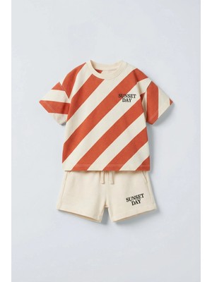 Magu Erkek Çocuk Pamuklu Turuncu Çizgili T-Shirt ve Bej Şort Takım