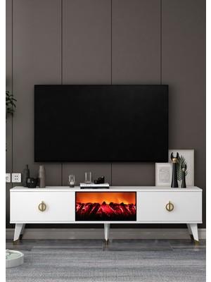 Demonte Decor TV0058-TXA150DD-32 Şömineli Tv Sehpası Beyaz-Altın