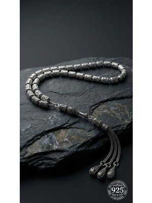 Erdobia 925 Ayar Kapsül Kesim 3 Kamçılı Püskül Orta Boy Zırh Işlemeli Otantik Gümüş Tesbih