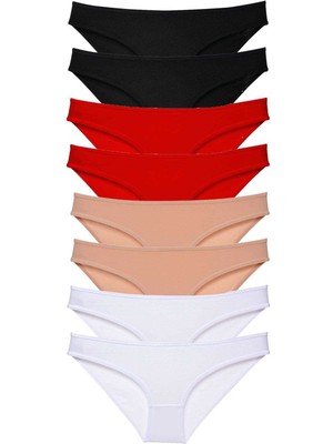 8 Adet Süper Eko Set Likralı Kadın Slip Külot Siyah Kırmızı Ten Beyaz Nemere