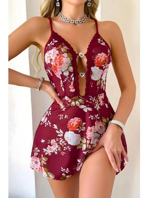 Homay Çiçek Desenli Dantelli Göğüs Pencereli Jarse Gecelik