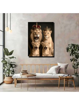 Artprinta Aslan Ailesi Kanvas Tablo – Taçlı Aslan Modern Lüks Duvar Dekoru
