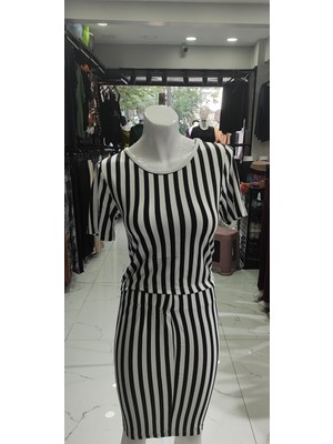 Aslami Tekstil Siyah - Beyaz Çizgili Kadın Crop Bluz Mini Kalem Etek Ikili Takım - Esnek Pamuklu Günlük Set