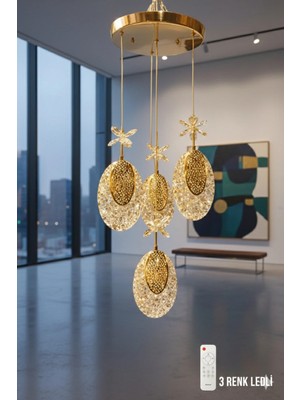 Akgül 4'lü Hilal Gold Kumandalı LED Avize 3 Renkli