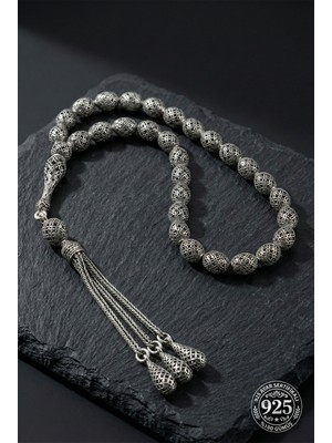 Erdobia 925 Ayar Oval Kesim 3 Kamçılı Püskül Orta Boy Yonca Işlemeli Otantik Gümüş Tesbih