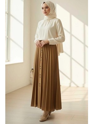 Tesettür Diyarı Kadın Krep Kumaş Pileli Etek-Taba