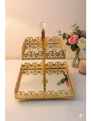 Akmetal Iki Katlı Kalpli Aynalı Bayram Şekerlik Çilolatalık Gold