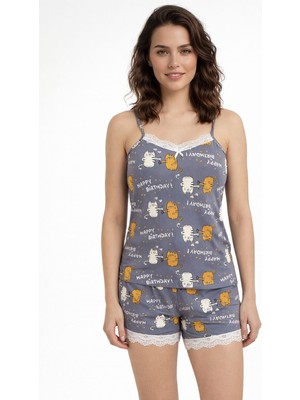 Burcumay Kadın Şortlu Kedili Happy Birthday Desenli Doğum Günü Hediyesi Pijama Takımı Yazlık Uyku Seti