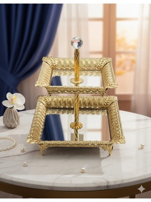 Akmetal Iki Katlı Vintage Osmanlı Motifli Aynalı Bayram Şekerlik Çilolatalık Gold
