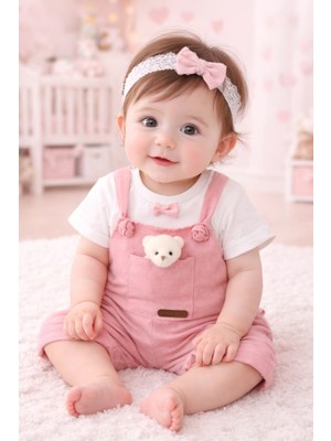 Ayıcıklı Kız-Erkek Keten Salopet 2li Takım Baby&kıds 6-9-12 Ay