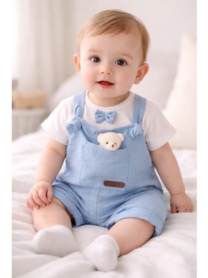 Ayıcıklı Kız-Erkek Keten Salopet 2li Takım Baby&kıds 6-9-12 Ay