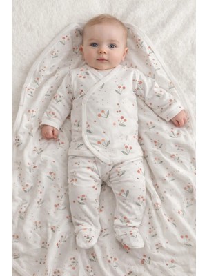 Vişne Baskılı Kruvaze Body Beyaz 3 Lü Takım 56- 62 cm  (Penye Battaniyeli ) 4962