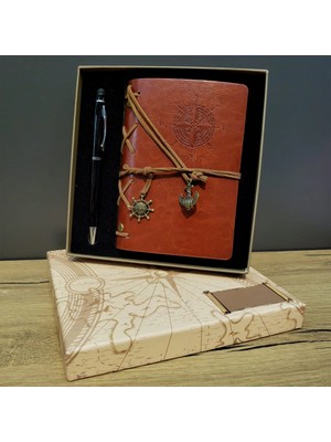 Kahverengi Pusula Tasarım Deri Defter ve Siyah Kalem Seti Nemere