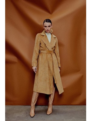 Sateen Uzun Kadife Trençkot - Camel