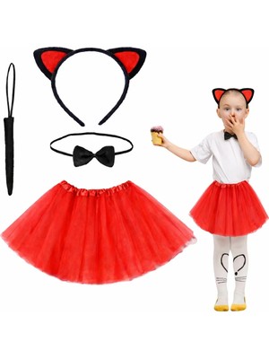 Kırmızı Renk Kedi Kostüm Seti - Tütü, Taç, Papyon, Kuyruk Nemere