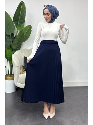 Tesettür Diyarı Kadın Krep Kumaş Pileli Etek-Lacivert