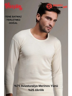 Hasyün Erkek %75 Merinos Yün Sıcak Tutan Terletmez Tene Batmaz Uzun Kollu Tek Fanila İçlik
