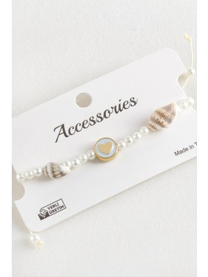 Kalp Deniz Kabuğu Inci Makrome Ip Bileklik Nemere