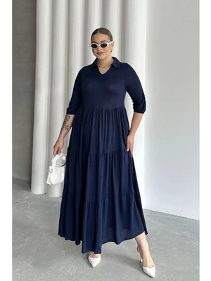 Stil Diva Günlük Stil Büyük Beden V Yaka Yarım Kollu Uzun Elbise T44 Lacivert Renkli Esnek Kumaş