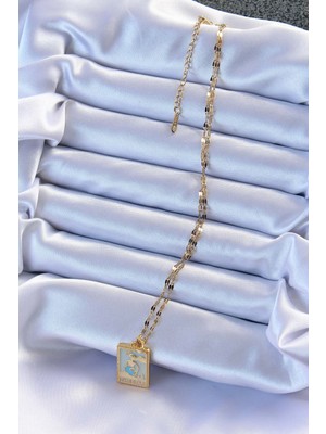 316L Çelik Zincir Altın Renk Mavi Mineli Tarot Kolye Nemere