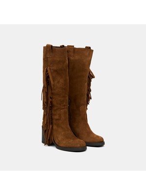 Desa Kadın Taba Püskül Detaylı Kalın Topuklu Süet Çizme