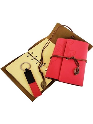 Ahşap Kutulu Kırmızı Deri Defter ve Anahtarlık Set Nemere