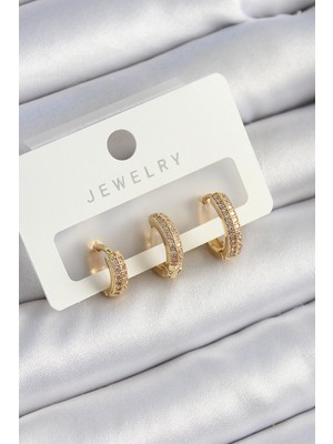 Pirinç Zirkon Taşlı Yıldız Model Gold Renk 3'lü Çift Kadın Küpe Set Nemere