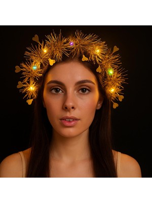 Nemere Kalp Püsküllü Gece Parıltısı 3 Modlu Led&amp;apos;li Işıklı Taç Altın Renk (4887)