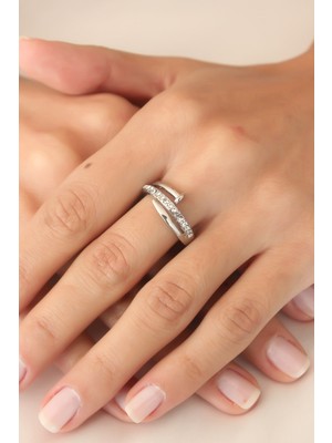 Gümüş Renk Taşlı Çivi Ayarlanabilir Kadın Yüzük Nemere