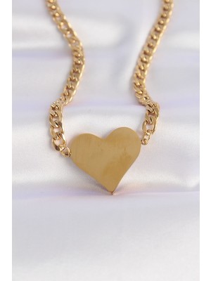 316L Çelik Zincir Altın Renk Düz Plaka Kalp Kolye Nemere