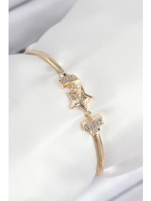 Pirinç Zirkon Taşlı Yıldız Model Gold Renk Kadın Bileklik Nemere