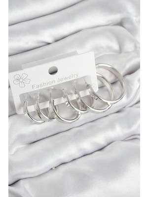 Pirinç Halka Model Gümüş Renk Kadın Set Küpe Nemere