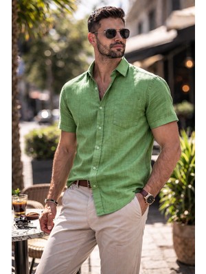 Colvis Man Erkek Klasik Kısa Kollu Likralı Keten Gömlek Hediye Kutulu