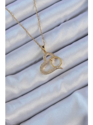316L Çelik Zincir Altın Renk Zirkon Taşlı Yüzüklü Kalp Kolye Nemere